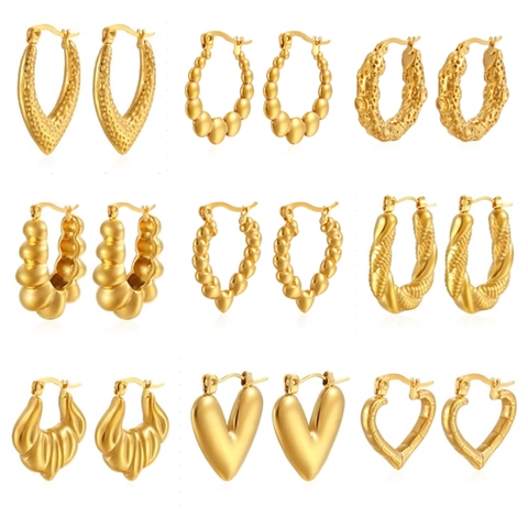 Vintage Geometric C-Shape Hoop Earrings Stainless Steel Chunky Textured Heart Gold Silver Earring For Women Fashion