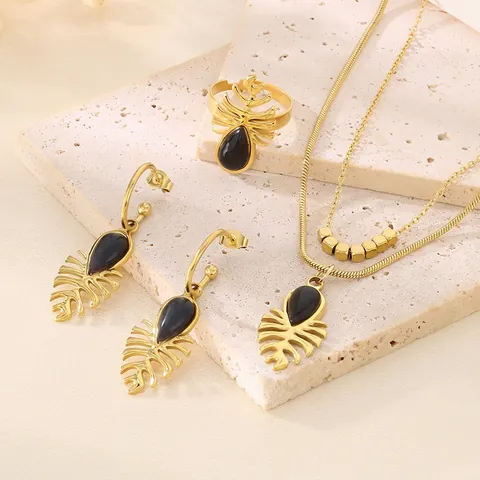 Stainless Steel Jewelry Set For Women Double Layer Snake Chain Necklace Leaf Pendant Opal Earrings Adjustable Ring Gift