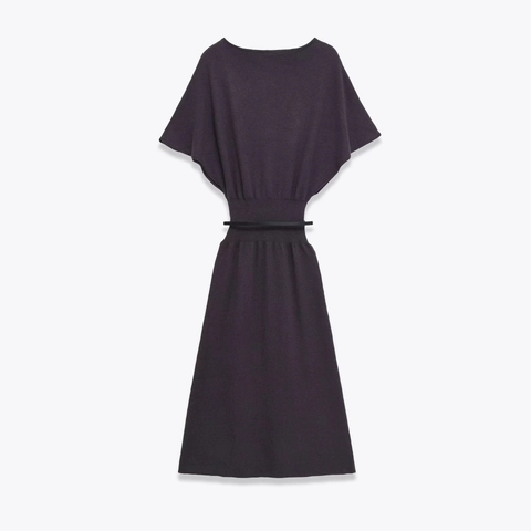 Elegant Knitted Midi Dress Acetate Polyester Batwing Sleeve Round Neck Slim Fit With Belt Solid Color