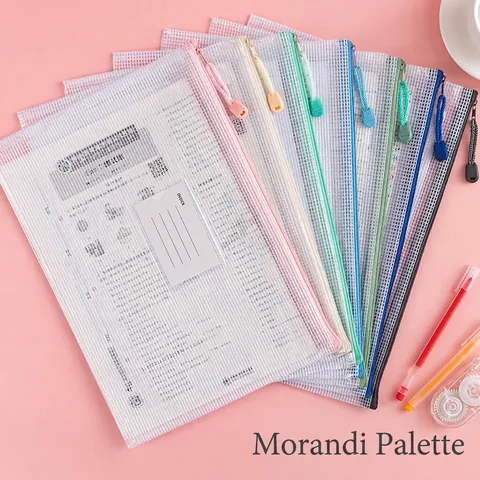 Mesh Zipper Bag PVC Waterproof Document Folder Organizer With Index Label Slot Morandi Colors School Office Stationery