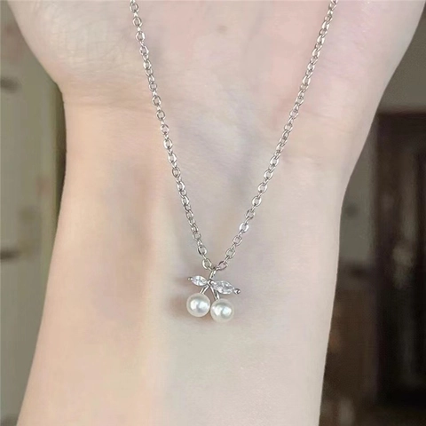 Sweet Cute Cherry Pendant Necklace Copper Zirconia Artificial Pearl Choker Korean Fashion Fruit Neck Chain Jewelry For Women