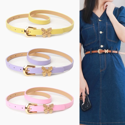 Women Sweet Butterfly Buckle Thin Belt Faux Leather Adjustable PU Skinny Waist Belt For Dresses Jeans Dopamine Colors