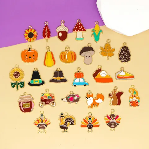 Thanksgiving Autumn Harvest Alloy Enamel Pendants Charms Pumpkin Turkey Maple Leaf Squirrel For DIY Jewelry Making Keychain