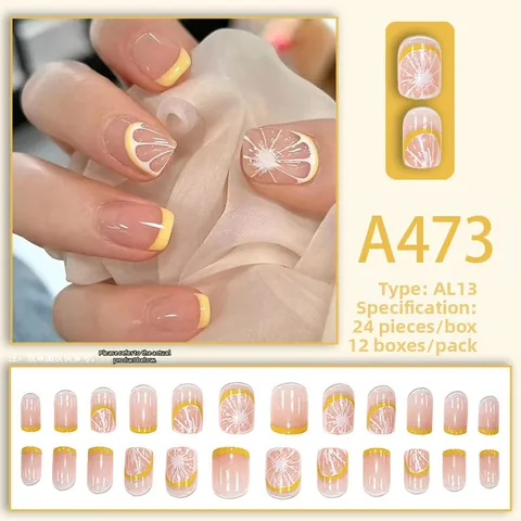 Women Fresh Lemon Pattern Press On Nails Summer Yellow French Tip Almond Shape Fake Nails Set With Glue DIY Nail Art Kit