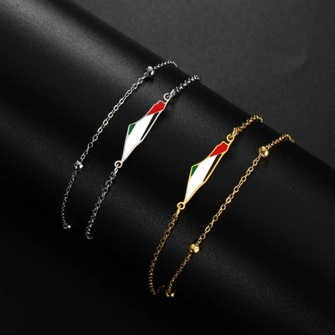 Stainless Steel Palestine UAE Map Charm Bracelet For Women Gold Silver Plated Enamel National Flag Double Layer Chain Jewelry