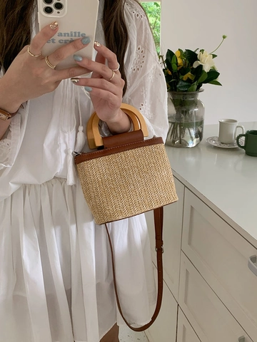 Sac Seau Tressé En Paille Avec Poignée En Bois Garniture Cuir PU Sac À Main Bandoulière Style Rétro Plage Été