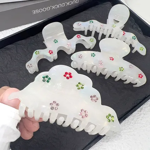Pinzas Para El Cabello De Acetato Con Flor De Estrás Colorido Elegantes Pinzas Tiburón Perla Artificial Irisada Para Mujeres