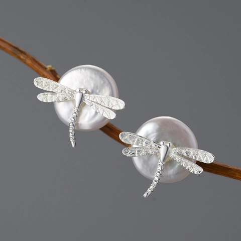Dragonfly Stud Earrings For Women With Natural Artificial Pearl And 925 Sterling Silver Earring Post Tiny Insect Jewelry