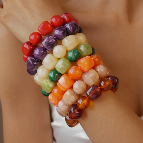 Pulsera De Cuentas De Acrílico Colorida Geométrica Irregular Cuadrada Redonda Resina Textura Mármol Joyas Elásticas Para Mujeres