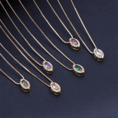 Marquise Cut Zircon Pendant Necklace Copper Gold Plated Elegant Micro Pave CZ Jewelry For Women Box Chain