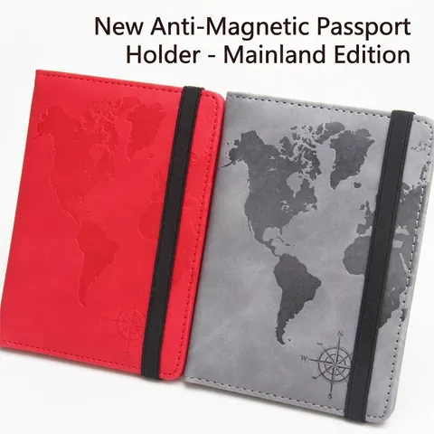 Porta Pasaporte con Bloqueo RFID Mapa del Mundo Vintage de Cuero PU Cartera de Viaje con Correa Elástica Para Hombres Mujeres