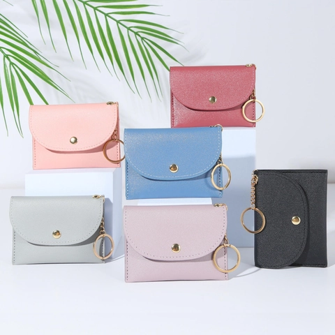 Mini Coin Purse PU Leather Card Holder With Keychain Ring Snap Closure Solid Candy Color Sweet Style For Women