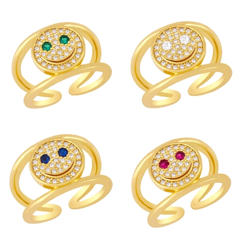 Smiley Face Expression Adjustable Open Ring Copper Zircon Gold Plated Double Layered Finger Jewelry For Women Novelty