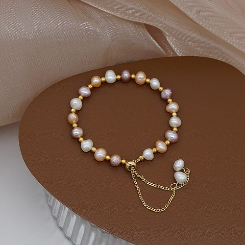 Handmade Freshwater Pearl Bracelet For Women Gold Alloy Beads Adjustable Simple Style Elegant Drawstring Jewelry Accessory Gift