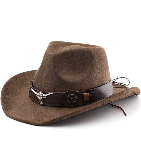 Western Cowboy Hat Faux Suede Wide Curved Brim Bull Head Metal Decoration Belt Retro Outdoor Fedora For Men Women