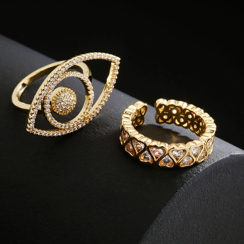 Evil Eye Heart Open Ring Copper 18K Gold Plated Cubic Zirconia Hollow Geometric Adjustable Jewelry For Women