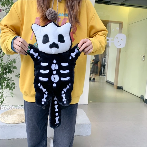 Mochila De Peluche De Gato Esqueleto Forma De Monstruo Gótico Dibujos Animados Estilo Callejero Correas Ajustables Para Mujeres Niñas