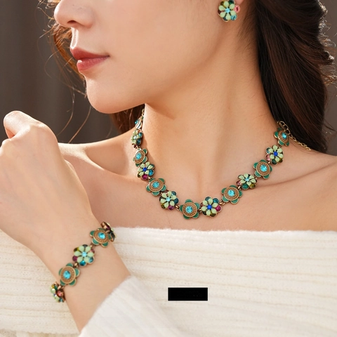 Gioielli Con Fiori Vintage Da Donna Lega Smalto Verde Strass Colorati Perno Orecchio Argento Collana Bracciale Orecchini
