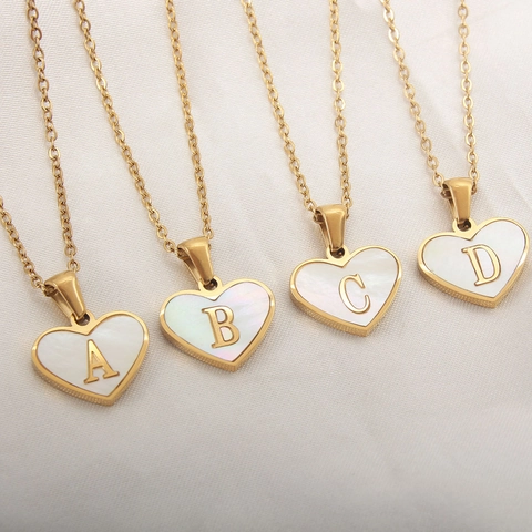 Collar Con Colgante De Inicial De Corazón Con Cadena De Acero Inoxidable Y Dije De Cobre Con Concha Joyería Elegante Para Mujer