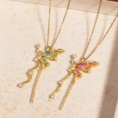 Schmetterling Anhänger Halskette Messing Mit Zirkon Und Kunstperle Elegante Lange Quaste Schmuck Für Frauen