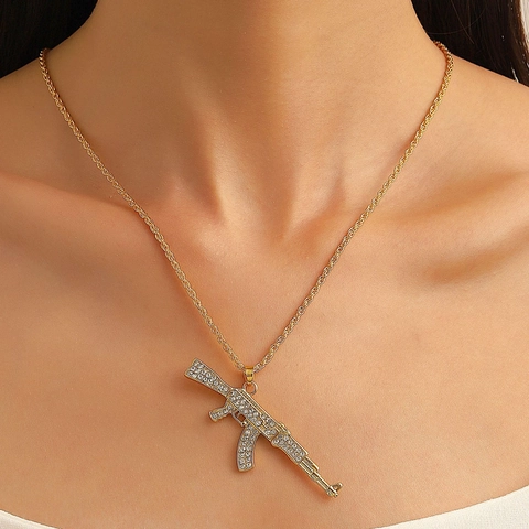 Hip Hop Iced Out Rhinestone Gun Pendant Necklace Alloy AK47 Handgun Rifle Shape Chain Necklace For Men Women Punk Jewelry