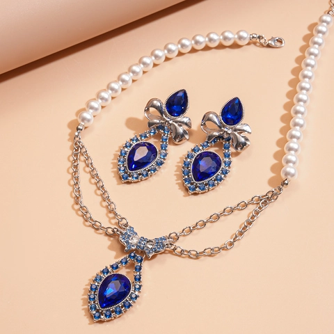 Blue Crystal Water Drop Bowknot Necklace And Earrings With Imitation Artificial Pearl Silver Earring Post Alloy Retro Elegant Jewelry