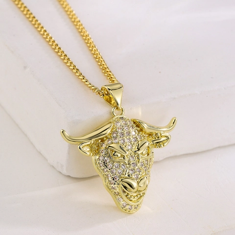 Tierkopf Anhänger Halskette 18K Vergoldet Kupfer Zirkonia Hip Hop Rock Retro Stil Schmuck Für Damen