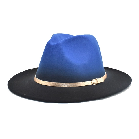Two Tone Gradient Fedora Hat For Women Men Wide Brim Woolen Jazz Cap With Belt Buckle Elegant Western Style Felt Panama Hat