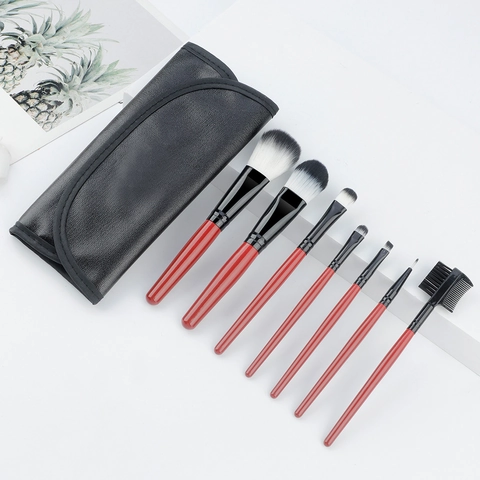 Kit Di Pennelli Trucco Professionale Manico In Legno Setole Sintetiche Borsa Da Viaggio Rosso Nero