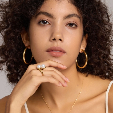 Anello Aperto Doppia Perla Artificial 316L Acciaio Inossidabile Minimalista Gioielli Da Dito Regolabili Donna Vintage Elegante