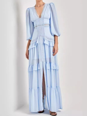 Elegant V Neck Lace Hollow Out Chiffon Maxi Dress Lantern Long Sleeve High Waist Tiered Ruffle Party Gown