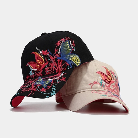 Cappello Da Baseball Ricamo Farfalla Floreale Cotone Paillettes Cappello Sole Visiera Curva Regolabile Moda Esterno Donne