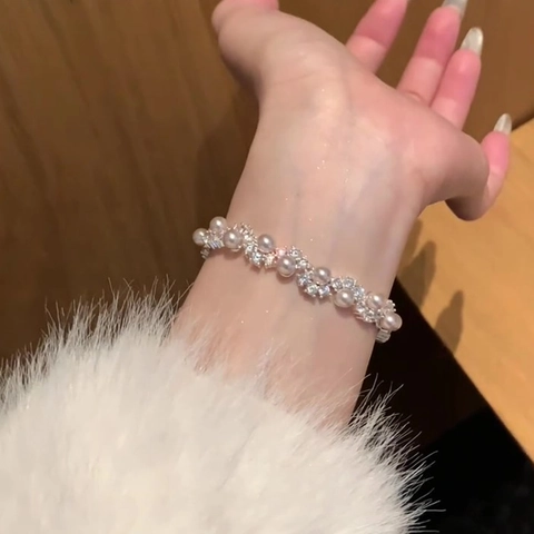 Elegante Bracciale Con Künstliche Perle Rosa Sintetiche E Zirconi Design A Onde Lusso Francese Gioielli Regolabili Per Donna Temperamento Nobile