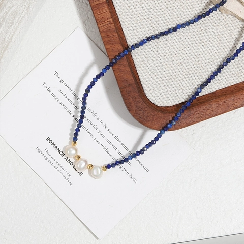 Collier en Perles de Lapis-Lazuli Fait Main Avec Perles Baroques d'Eau Douce Argent Sterling 925 Ras du Cou Bijoux Femme