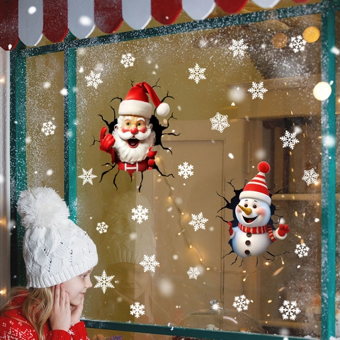 Pegatinas Ventana Navidad 3D PVC Estáticas Papá Noel Muñeco Nieve Copo Nieve Impresión Doble Cara Impermeable Decoración
