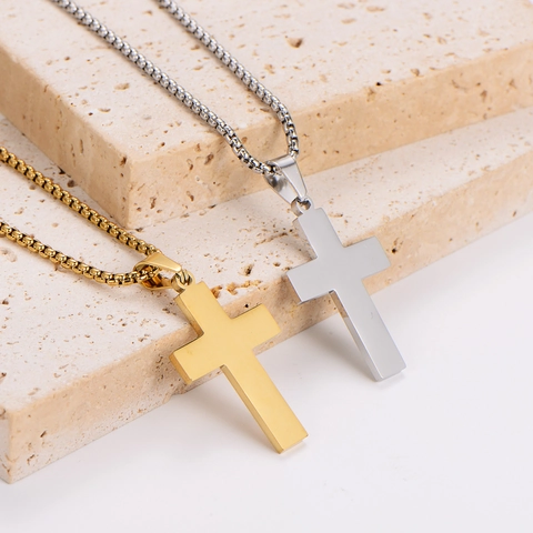 Collar Con Colgante De Cruz Simple Acero Inoxidable 304 Pulido Chapado En Oro De 18K Joyería Religiosa Para Hombres Mujeres