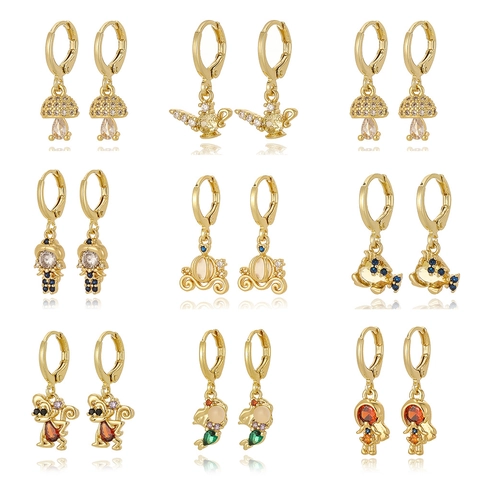 Copper Zircon Hoop Earrings Cartoon Magic Lamp Mushroom Dolphin Monkey Shape Dangle Jewelry For Women Cute Versatile