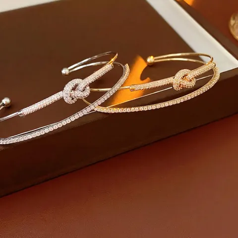 Double Layer Knot Bangle Copper With Micro Paved Zircon Elegant Adjustable Open Bracelet For Women