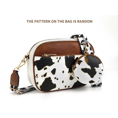 Sac à Bandoulière Rétro pour Femme Imprimé Vache Matelassé Sac Caméra en Cuir PU Avec Large Bandoulière Réglable