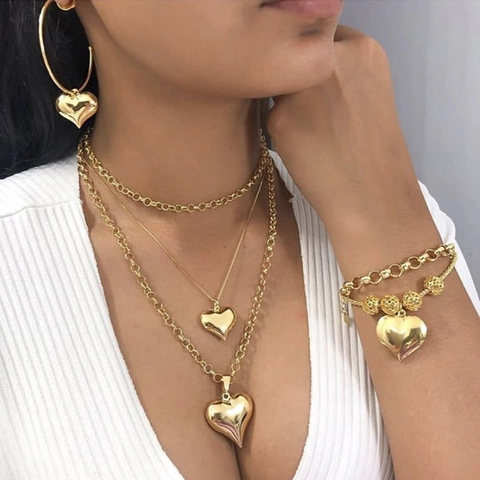 Collar De Capas Con Colgante De Corazón Pendientes De Aro Y Pulsera De Cuentas Aleación Chapada En Oro CCB Joyería Mujer