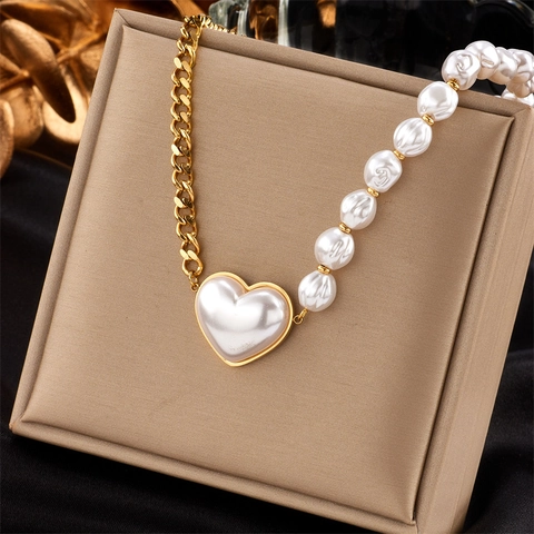 Collana Con Pendente a Cuore in Acciaio al Titanio Con Perla Artificiale Catena Asimmetrica Placcata Oro Gioielli Moda Donna