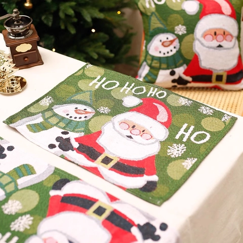 Christmas Table Runner Placemat Cushion Cover Cotton Linen Jacquard Tassel Santa Snowman Gnome Holiday Home Decoration