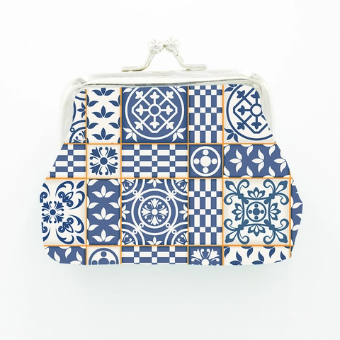Moroccan Arabian Style Coin Purse PU Leather Mini Change Wallet Metal Clasp Retro Geometric Tile Print For Women Kids