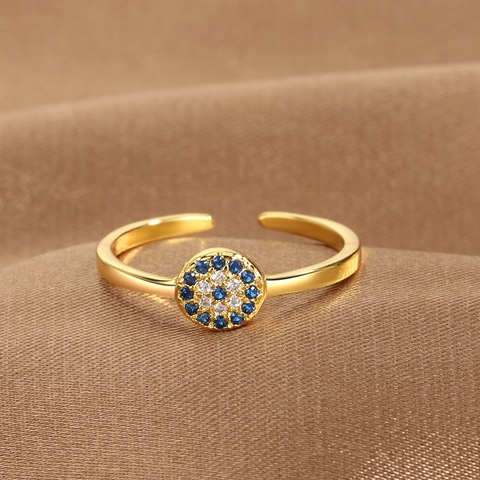 Evil Eye Adjustable Open Ring Copper Gold Plated Zircon Inlaid Protective Jewelry Bohemian Style For Women Men