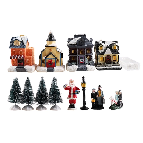 Weihnachtsmanndorf Haus Miniatur Harz Ornamente Glühende LED Schnee Kirche Figuren Tannenbaum Desktop Dekoration