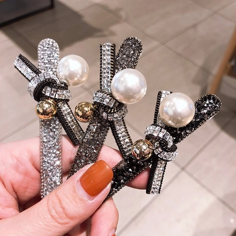 Pinza Para El Pelo Con Lazo De Strass Y Perla Artificial Pasador Elegante Estilo Coreano Para Mujer