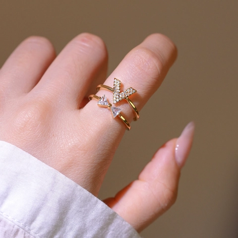 V Shape And Bowtie Double Layer Adjustable Opening Ring Copper Gold Plated With Zircon Fashion Jewelry For Women