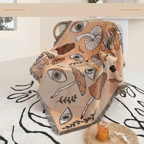 Bohemian Woven Cotton Blanket Throw Mushroom Eye Pattern With Fringe Edges Multi-Functional Sofa Tapestry Reversible Retro Decor