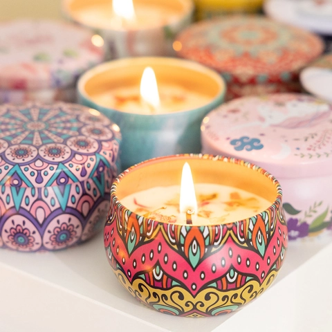 Scented Candles Aromatherapy Soy Wax With Dried Flowers Metal Tin Cans Bohemian Mandala Patterns Christmas Gift Home Decor