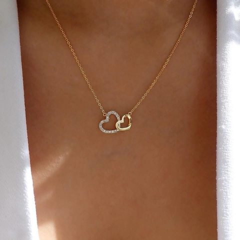 Double Heart Interlocked Pendant Necklace Alloy Rhinestone Shiny Simple Sweet Jewelry For Women Daily Wear